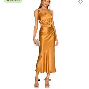 Shona Joy asymmetrical cowl neck satin dress.